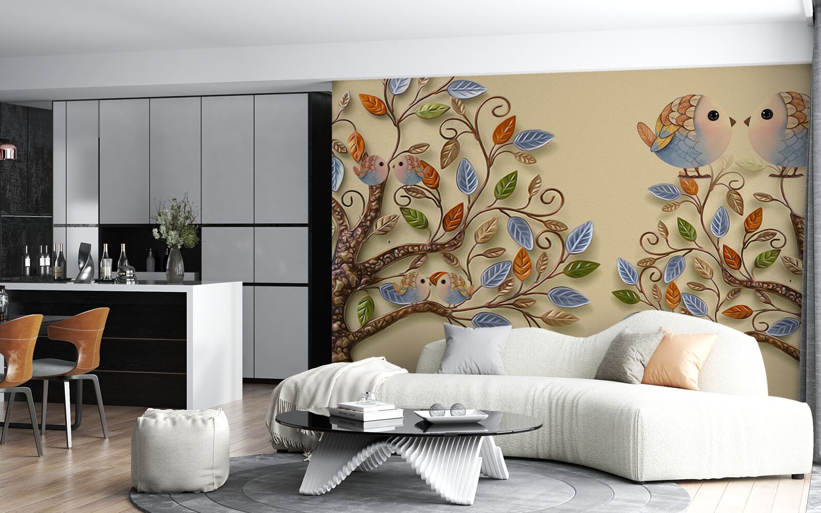 Fototapet copaci de toamnă cu păsări