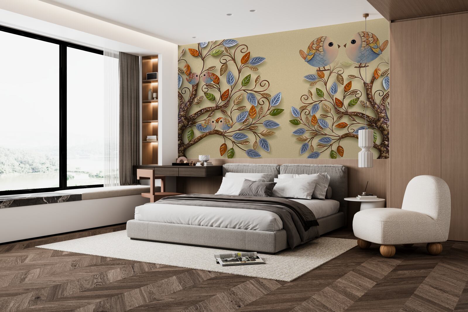 Fototapet copaci de toamnă cu păsări