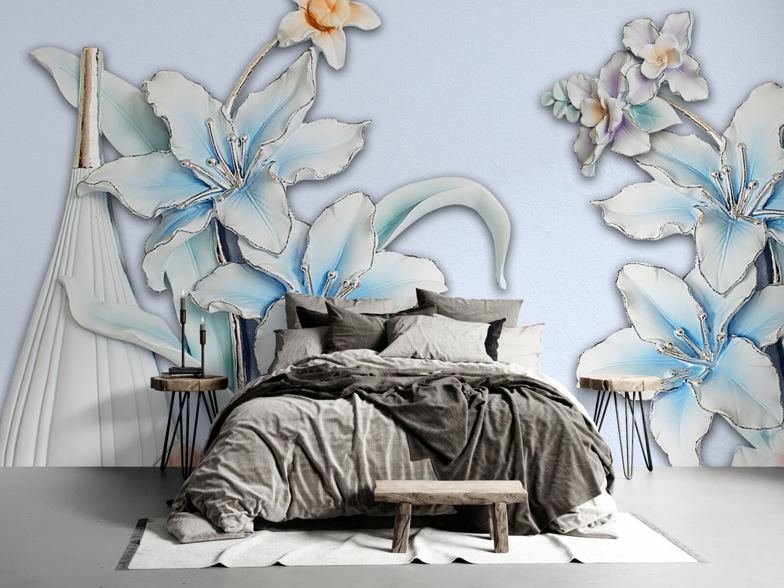 Fototapet buchet de crini albi și albaștri