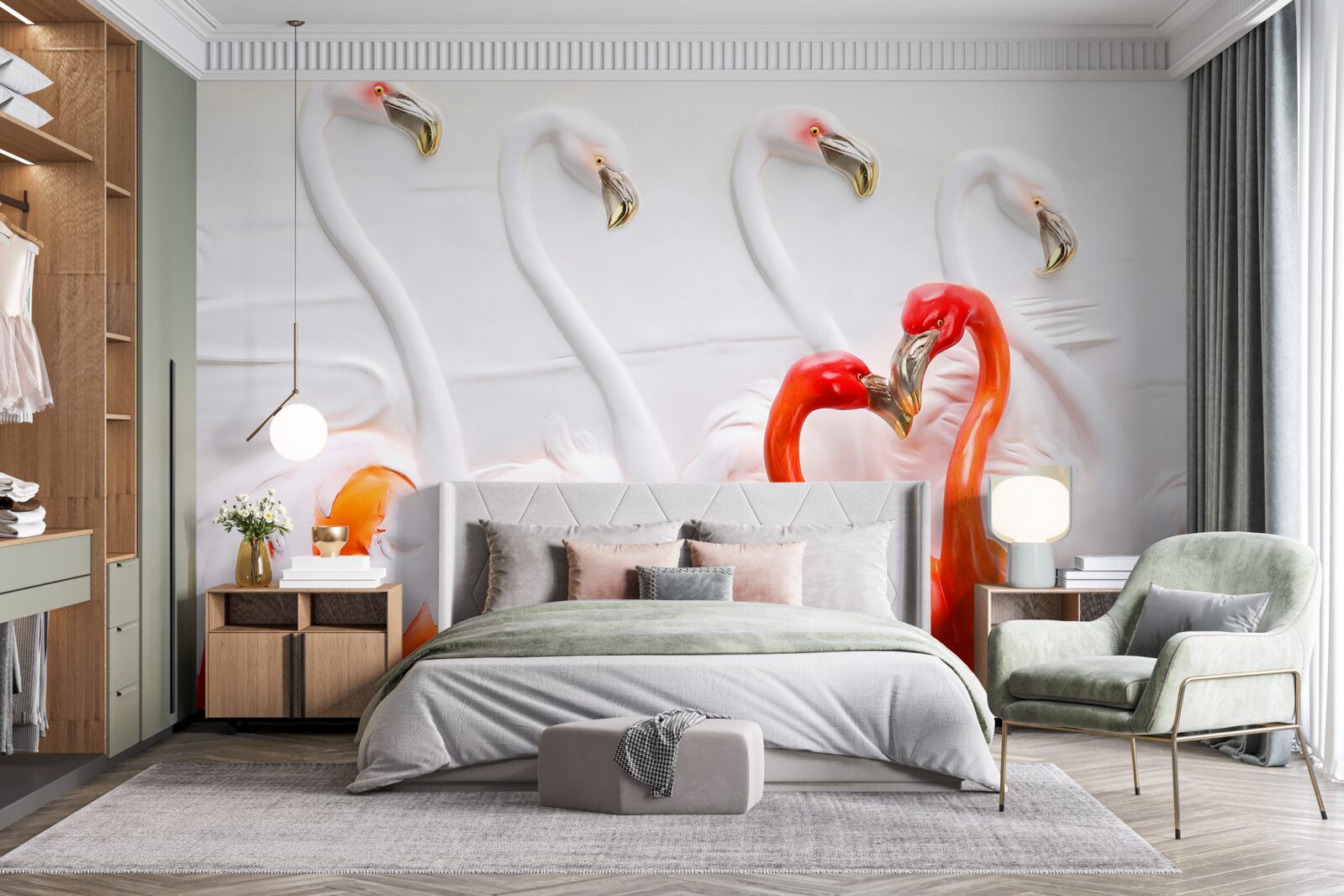 Fototapet flamingo în nuanțe de roz și alb