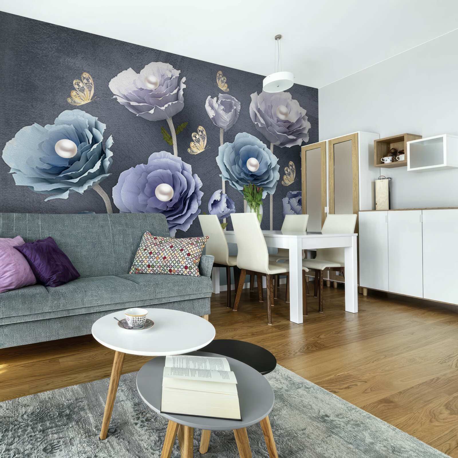 Fototapet maci grațioși albaștri și albi cu fluturi