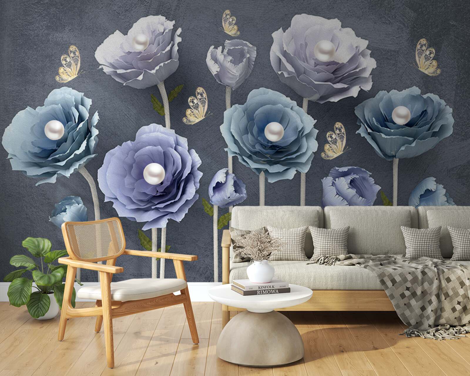 Fototapet maci grațioși albaștri și albi cu fluturi