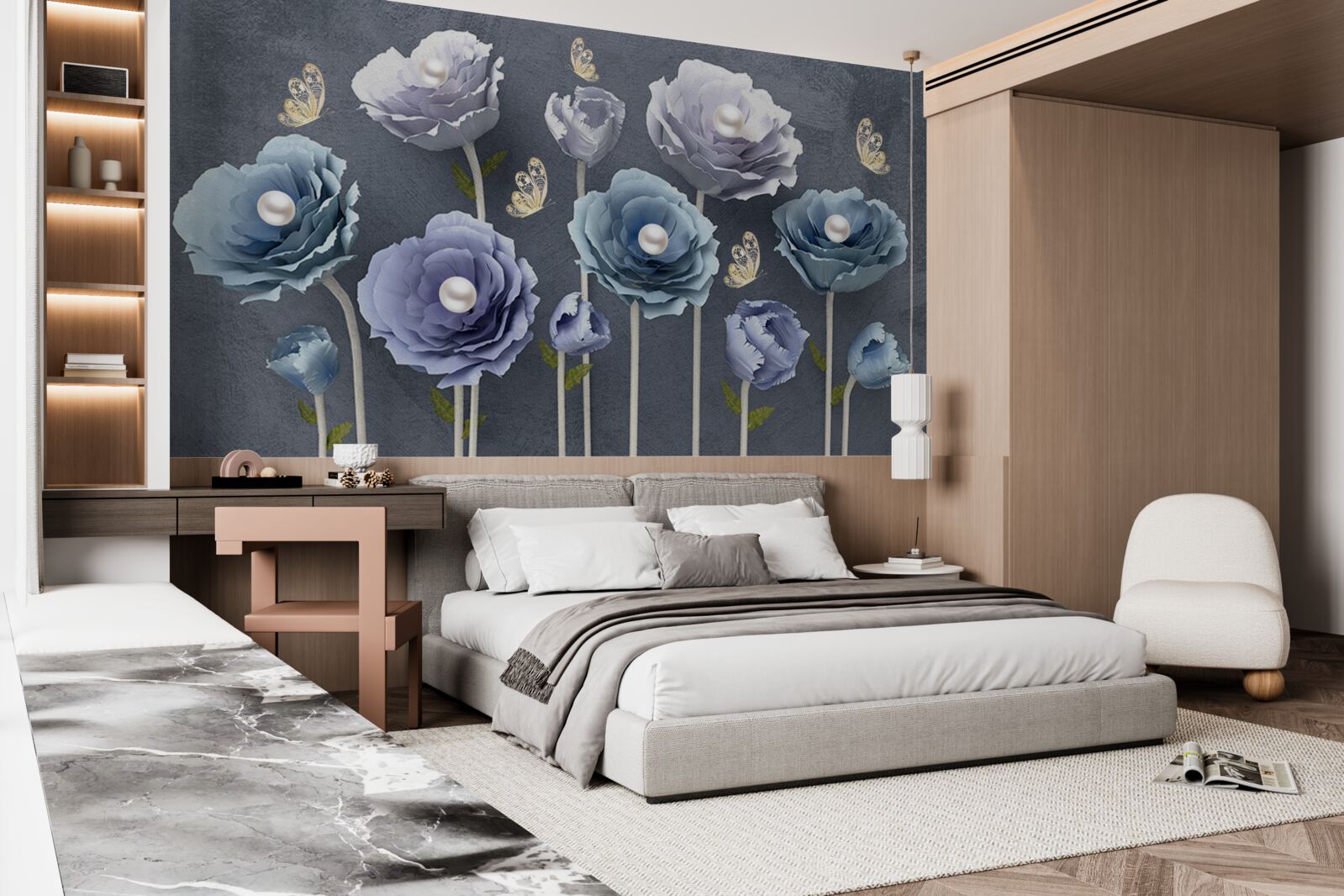 Fototapet maci grațioși albaștri și albi cu fluturi