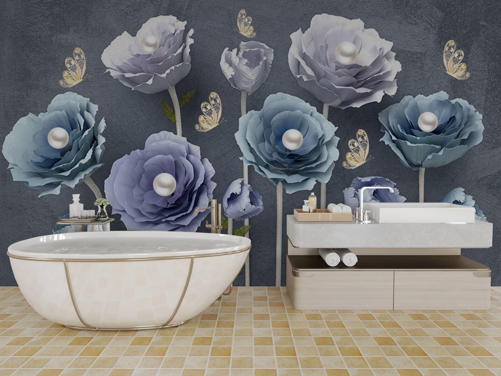 Fototapet maci grațioși albaștri și albi cu fluturi