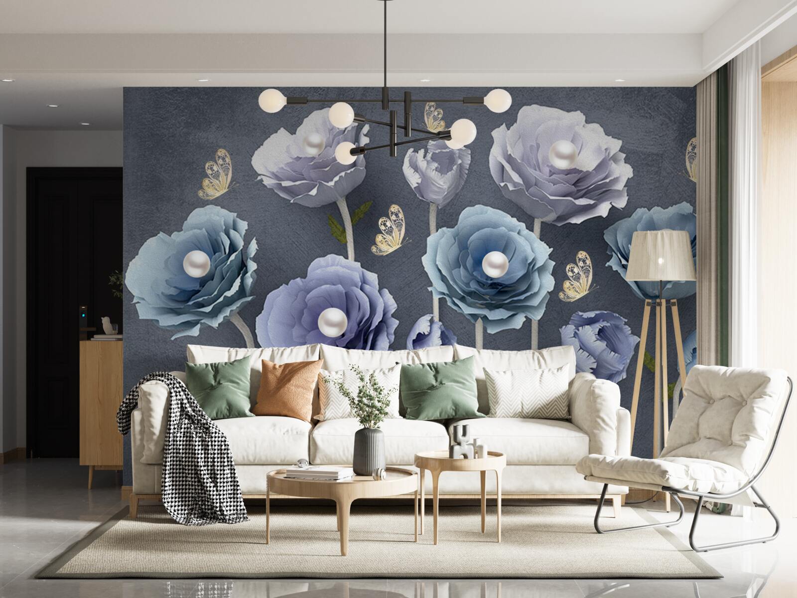 Fototapet maci grațioși albaștri și albi cu fluturi