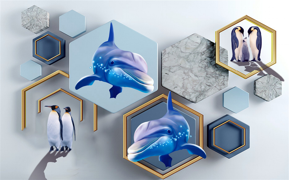 Fototapet în pentagoni încadrați în aur sunt balene