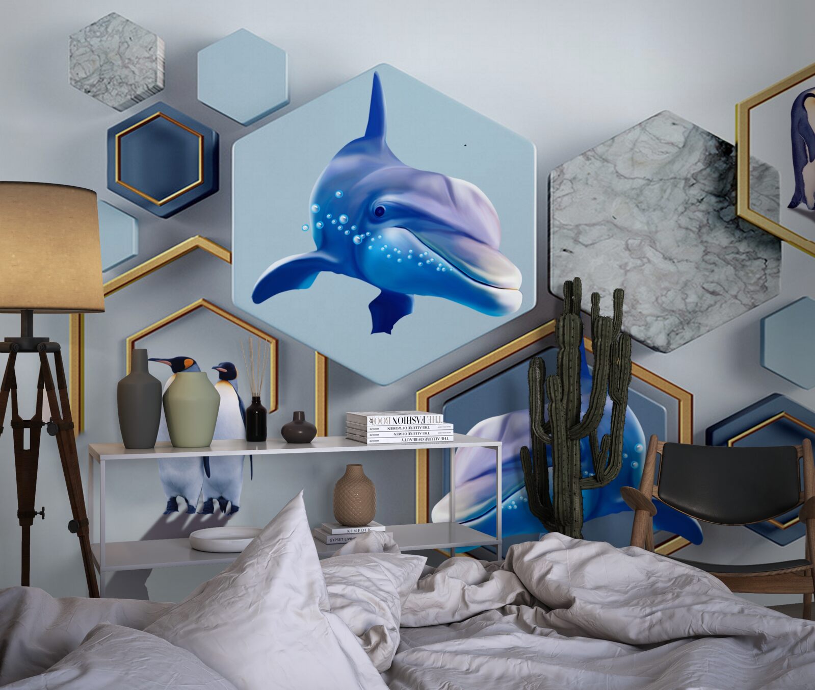 Fototapet în pentagoni încadrați în aur sunt balene