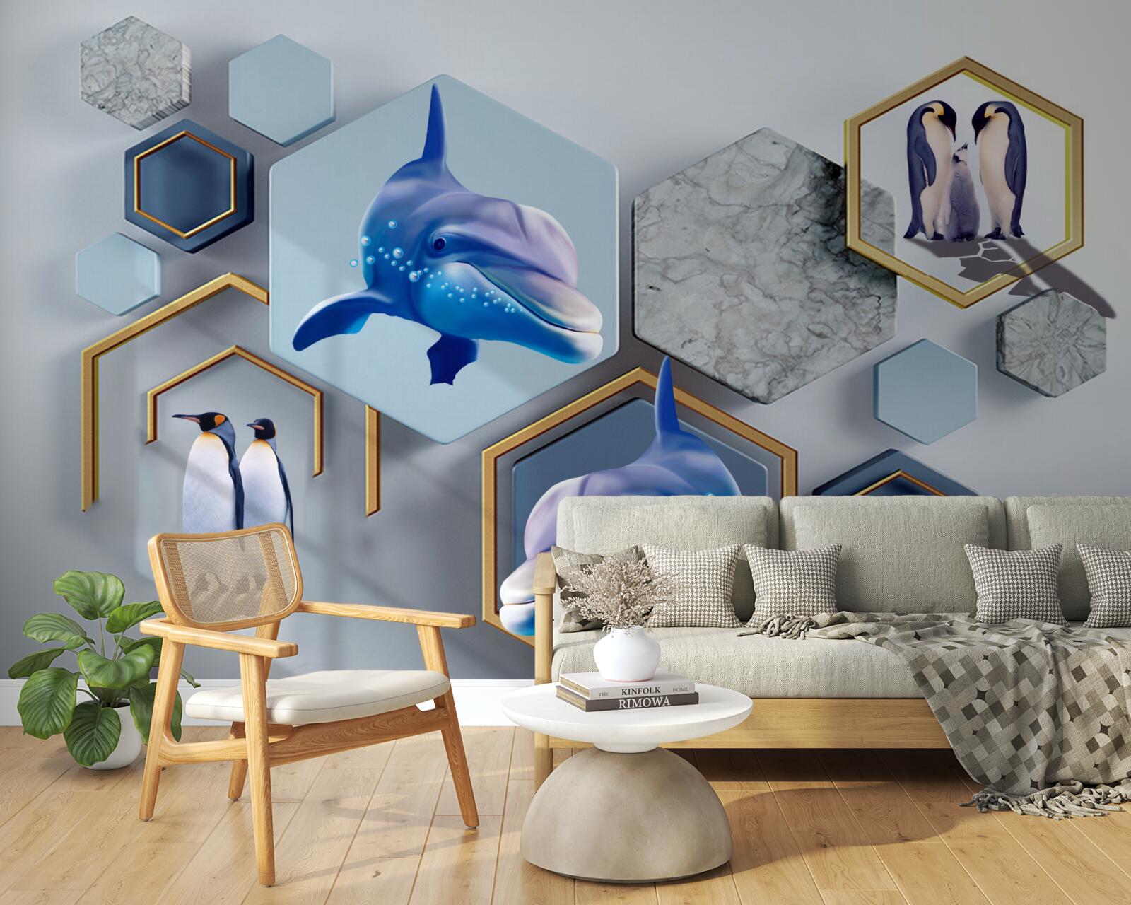 Fototapet în pentagoni încadrați în aur sunt balene