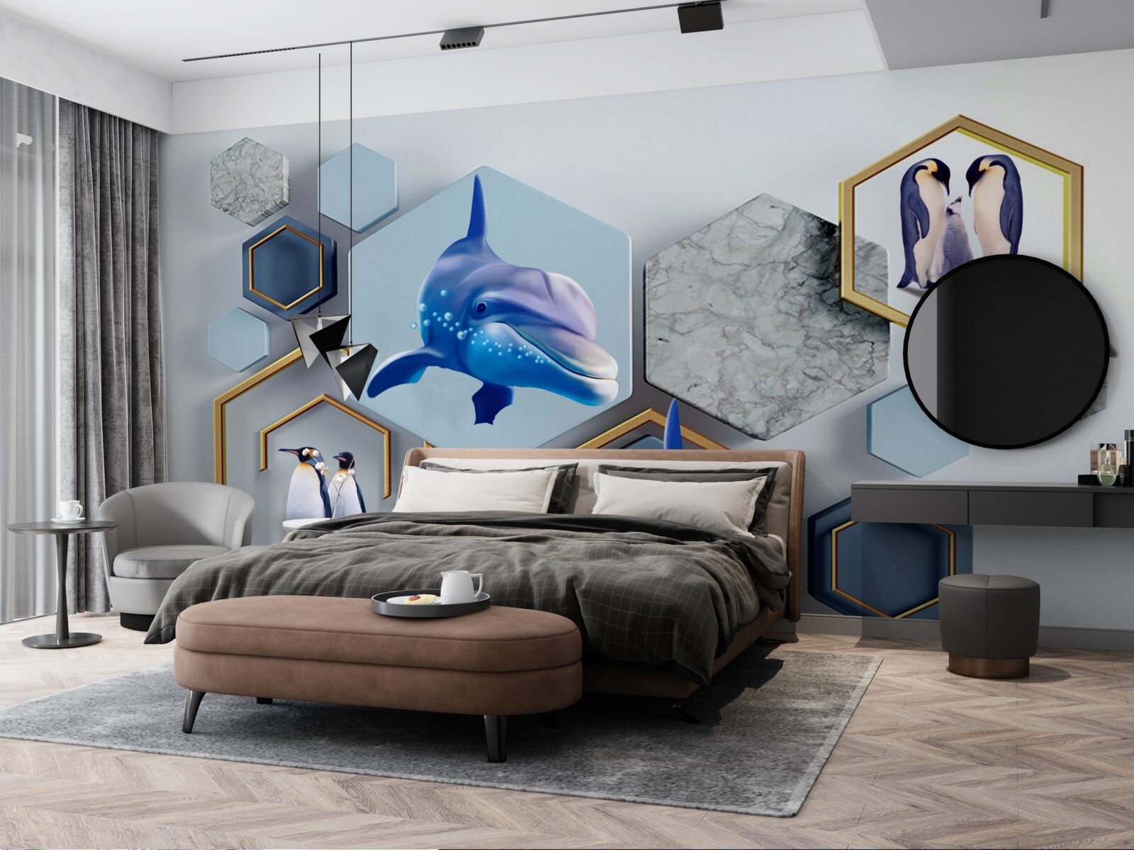 Fototapet în pentagoni încadrați în aur sunt balene