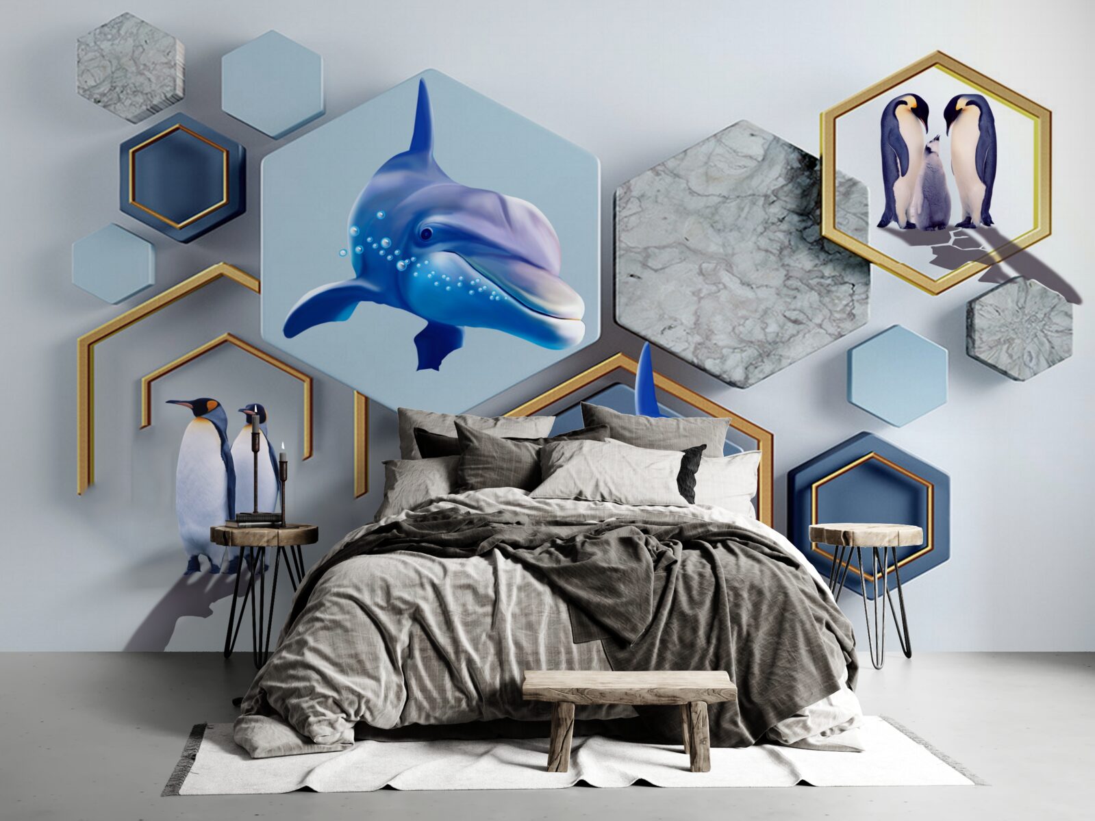 Fototapet în pentagoni încadrați în aur sunt balene