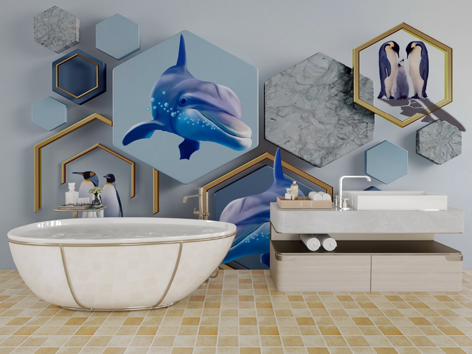 Fototapet în pentagoni încadrați în aur sunt balene
