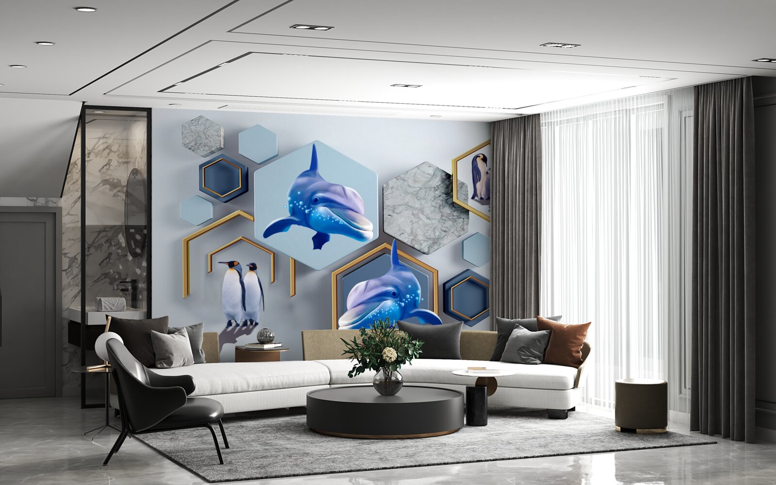 Fototapet în pentagoni încadrați în aur sunt balene