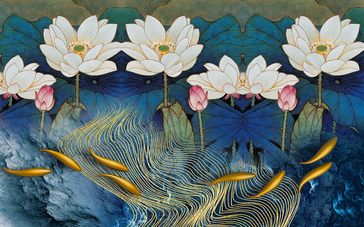 Fototapet apă albastră decorată cu lotuși albi