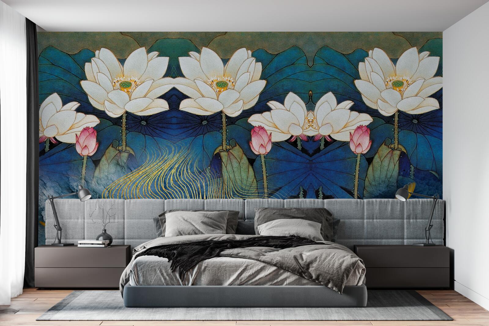 Fototapet apă albastră decorată cu lotuși albi