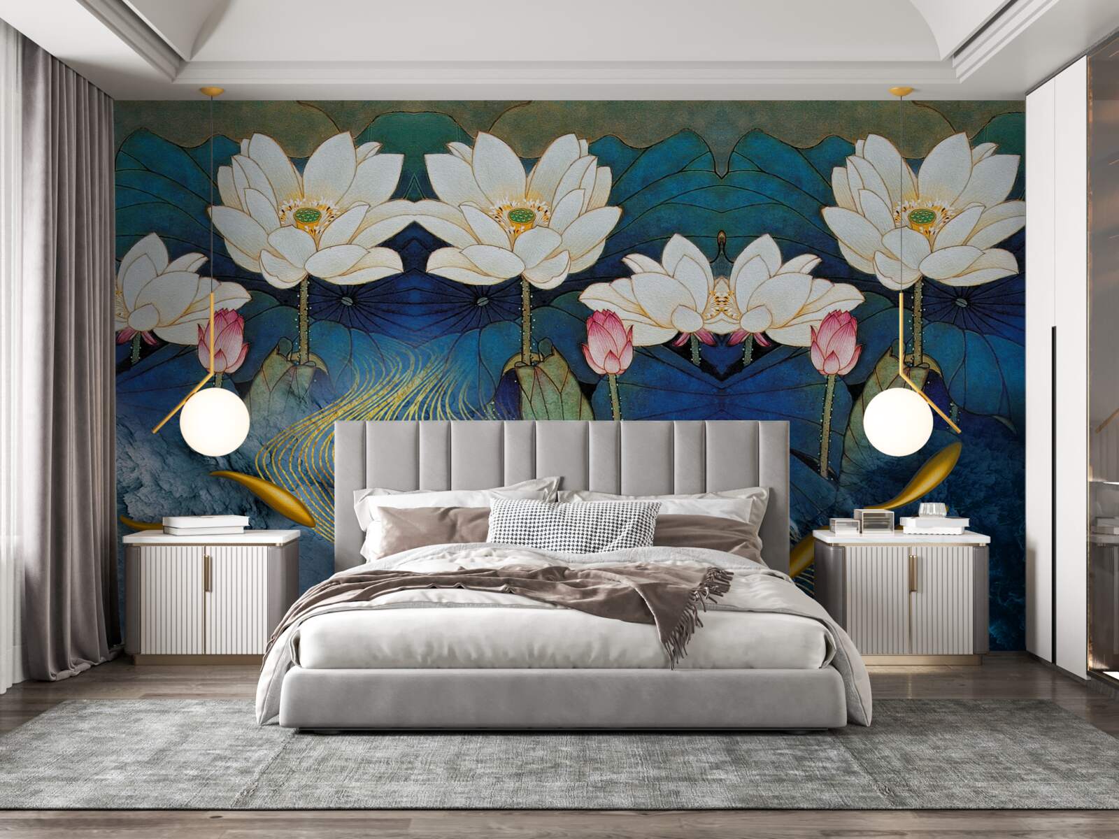 Fototapet apă albastră decorată cu lotuși albi