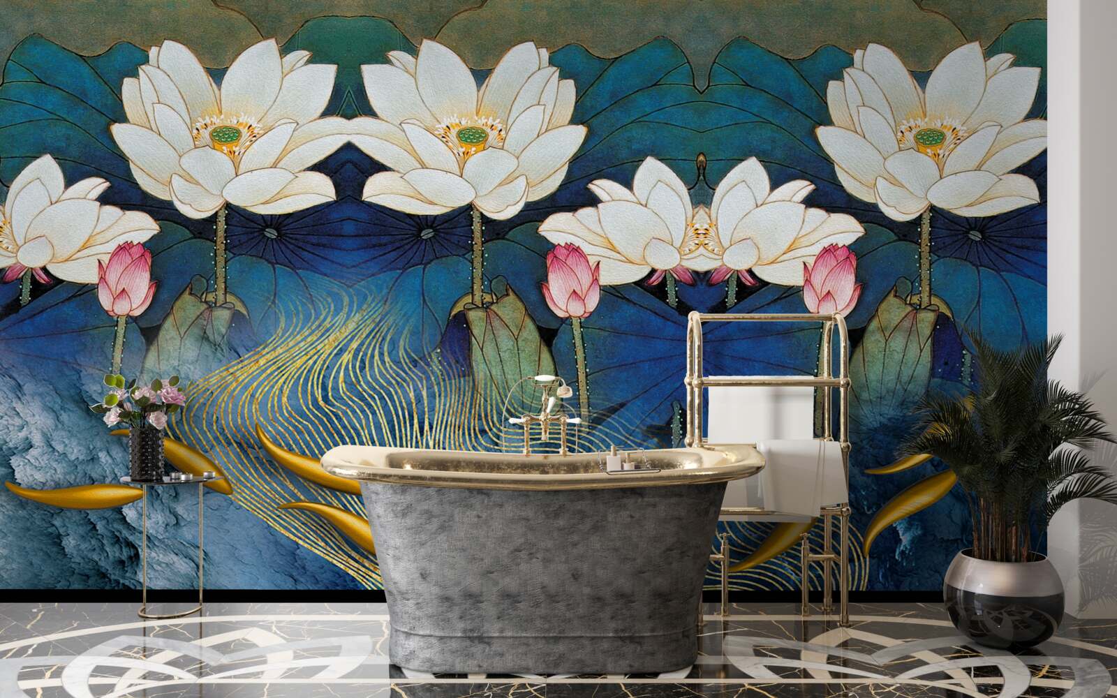 Fototapet apă albastră decorată cu lotuși albi