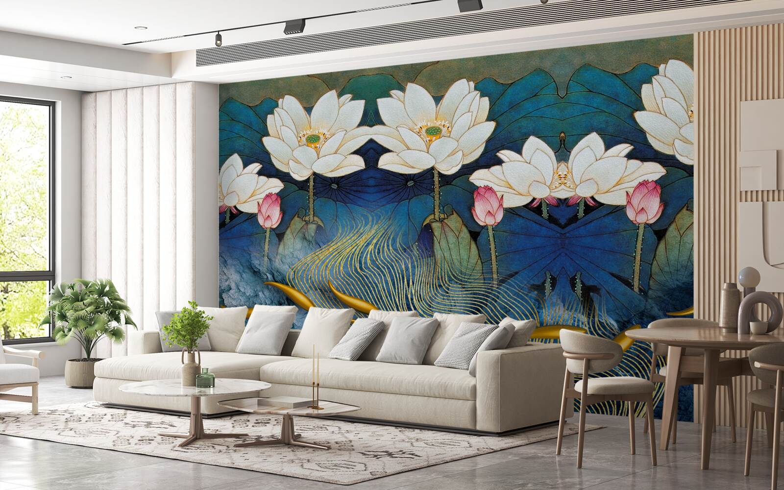 Fototapet apă albastră decorată cu lotuși albi