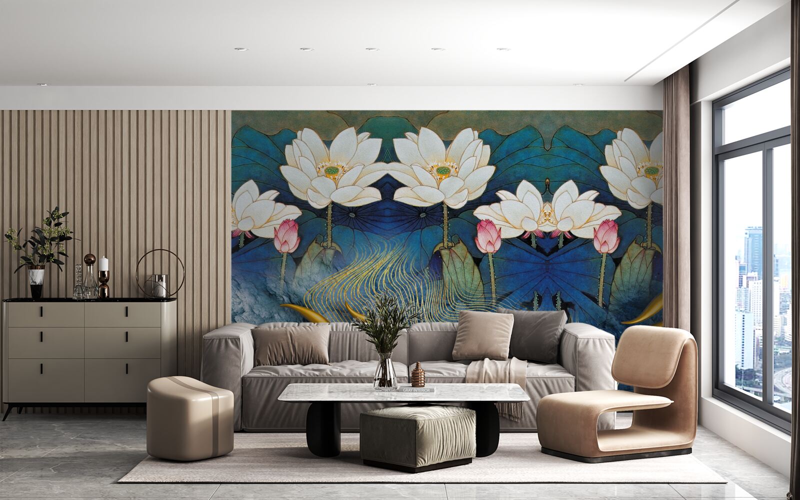 Fototapet apă albastră decorată cu lotuși albi