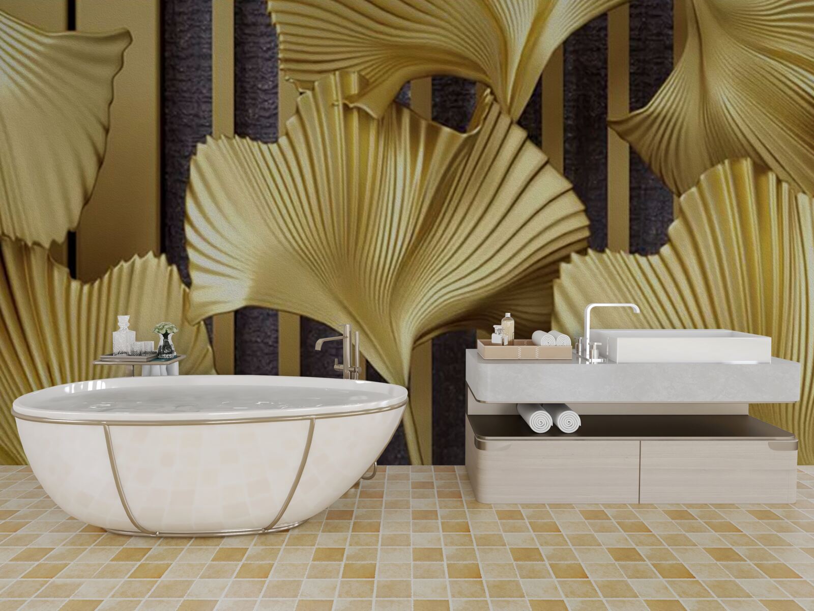 Fototapet frunze de ferigă în aur