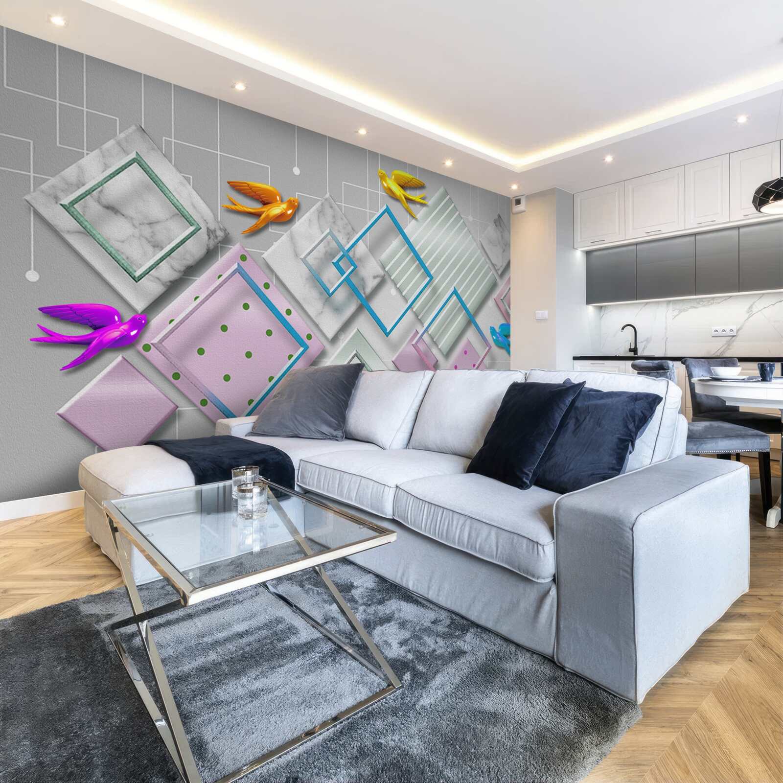 Fototapet abstracție multicoloră de păsări și figuri