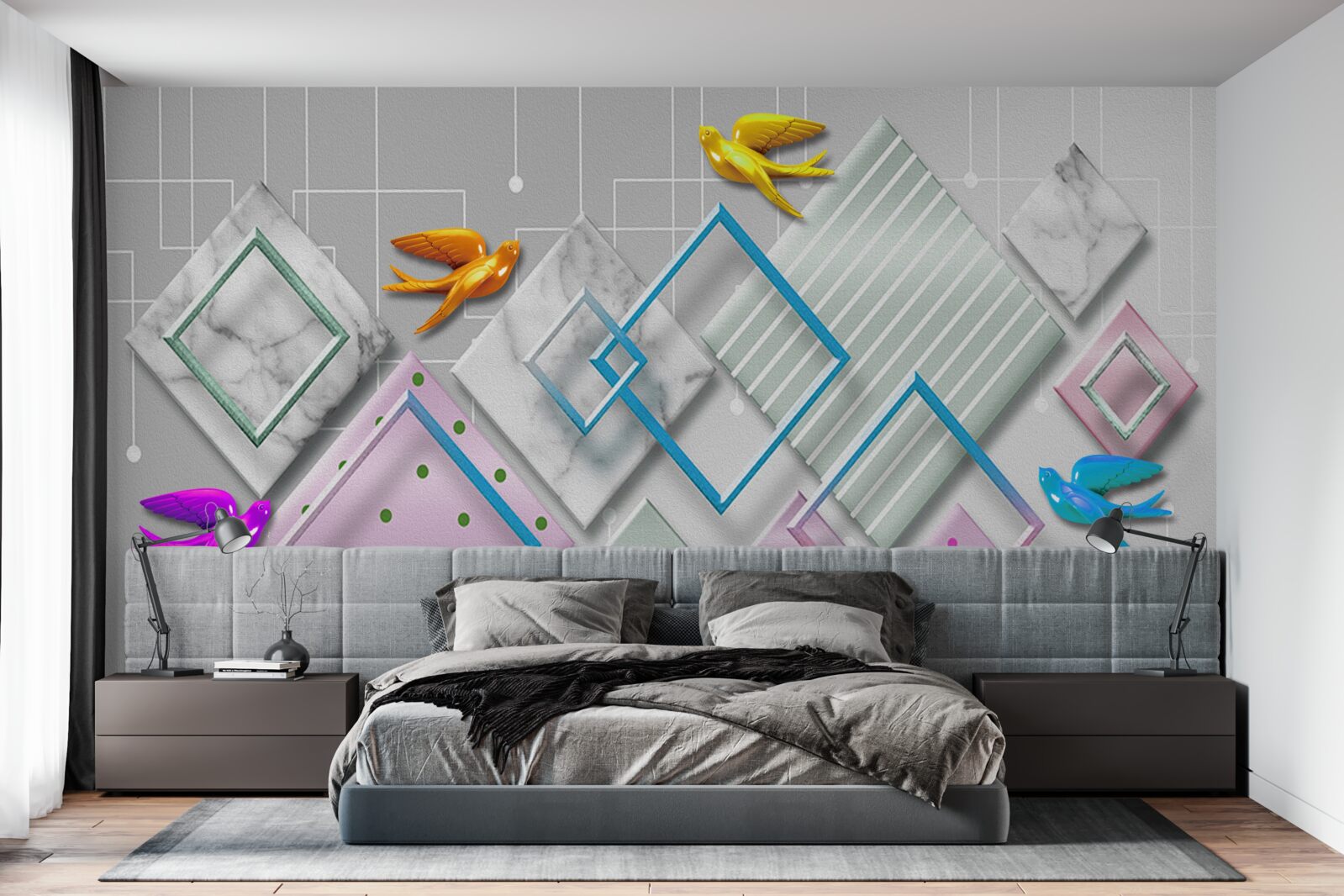 Fototapet abstracție multicoloră de păsări și figuri