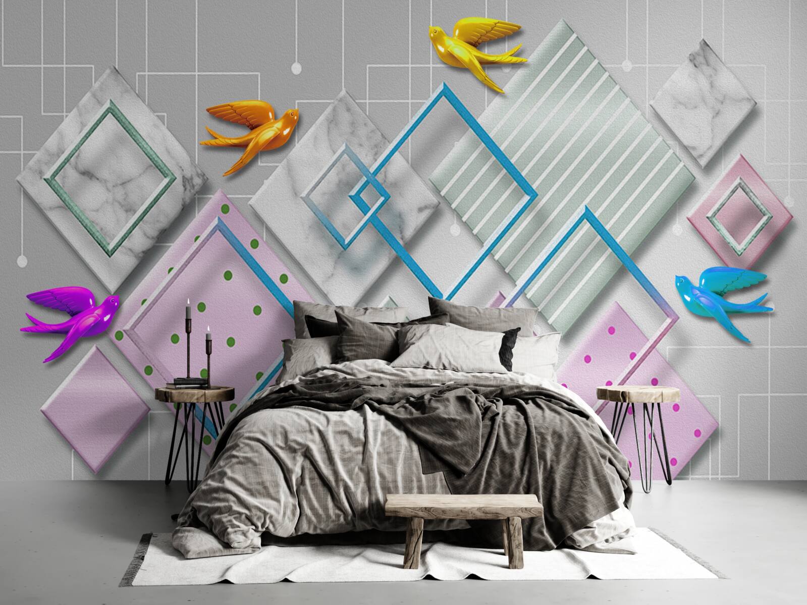 Fototapet abstracție multicoloră de păsări și figuri