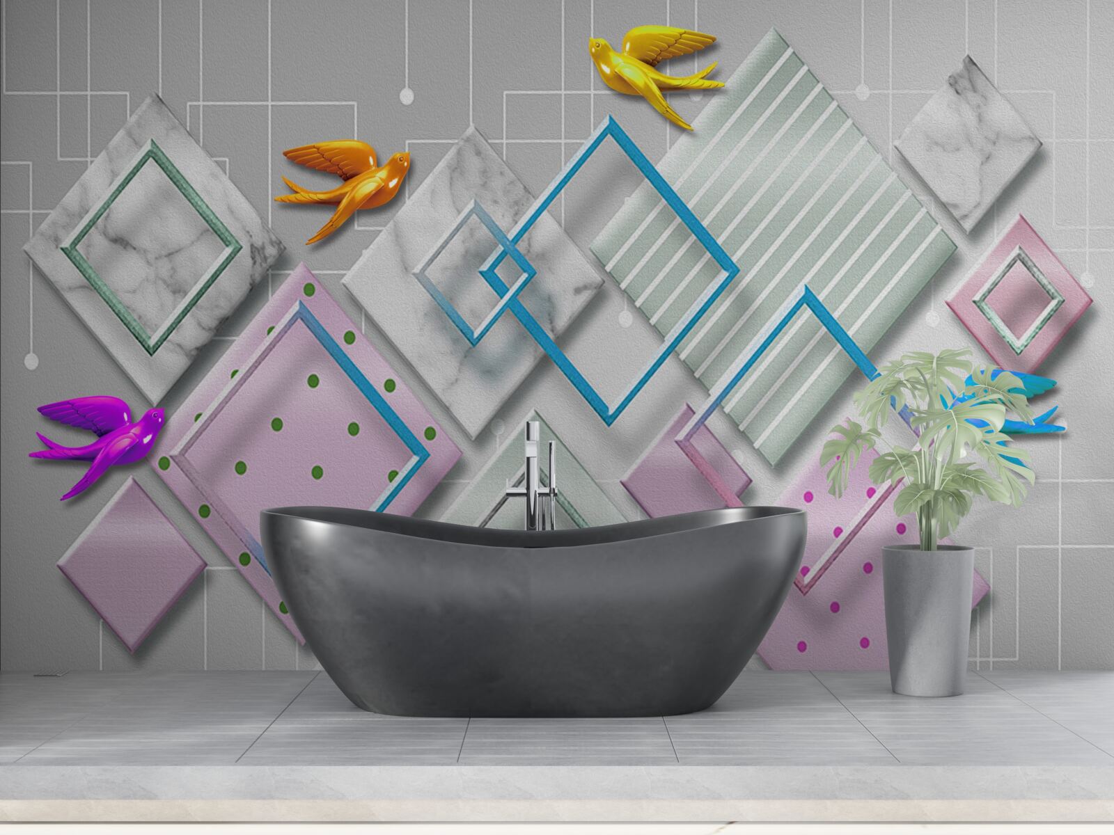 Fototapet abstracție multicoloră de păsări și figuri