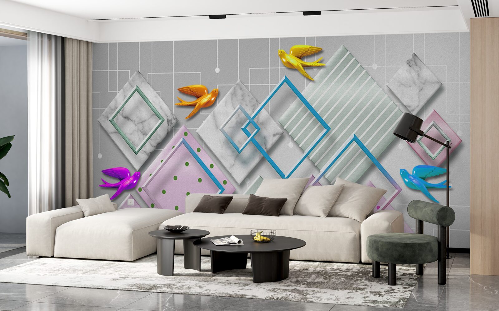 Fototapet abstracție multicoloră de păsări și figuri