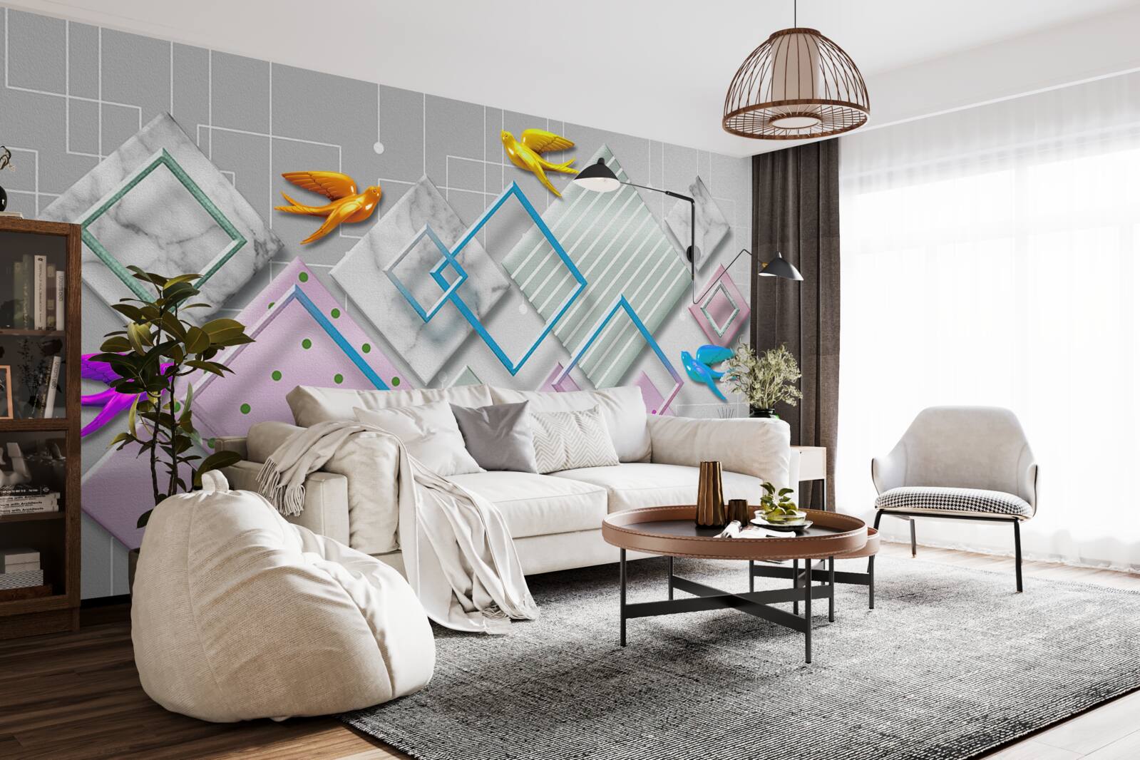 Fototapet abstracție multicoloră de păsări și figuri