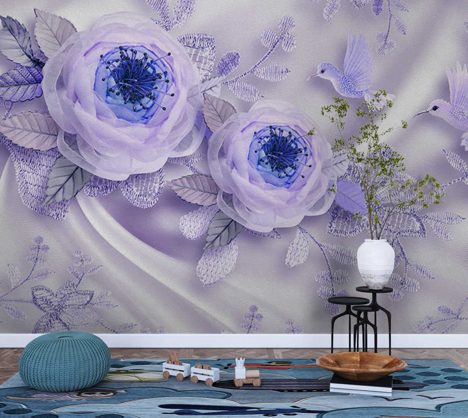 Fototapet diamantele împodobesc un trandafir alb pe țesătură de mătase