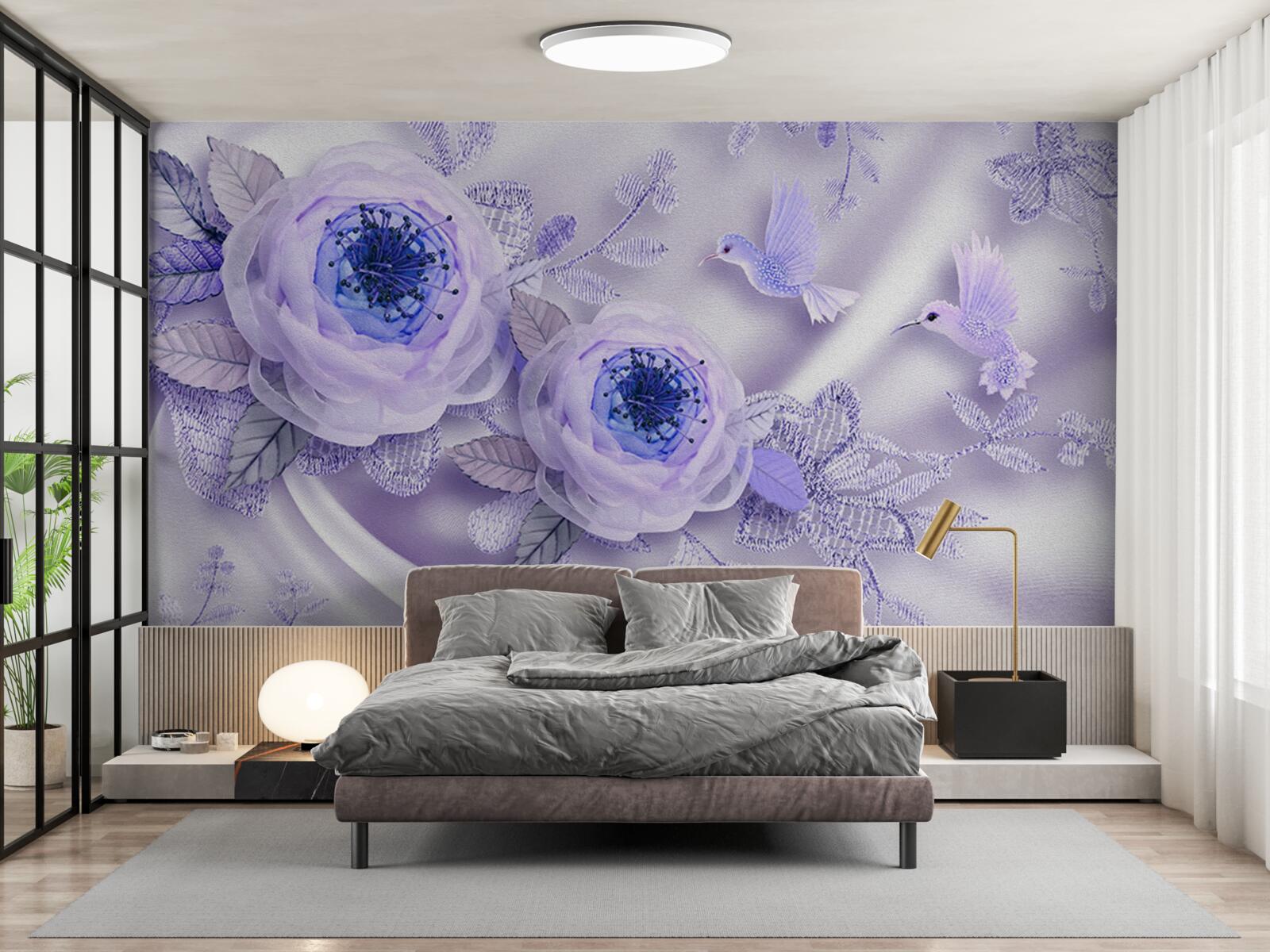 Fototapet diamantele împodobesc un trandafir alb pe țesătură de mătase