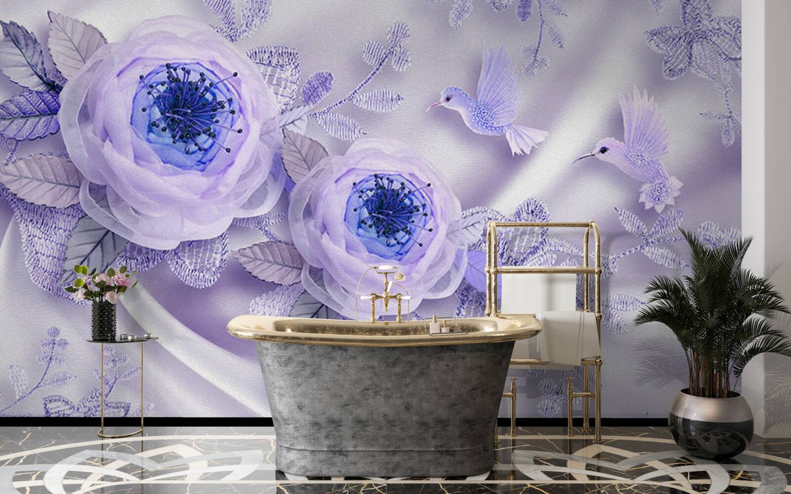 Fototapet diamantele împodobesc un trandafir alb pe țesătură de mătase