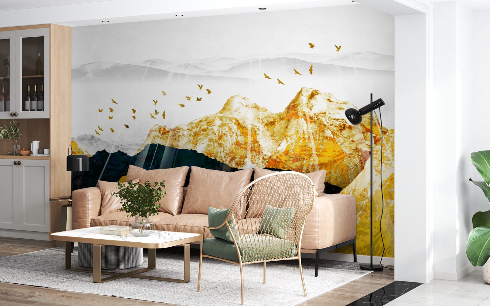 Fototapet imagini cu arbori de frasin în schimbare care luminează o pădure aurie