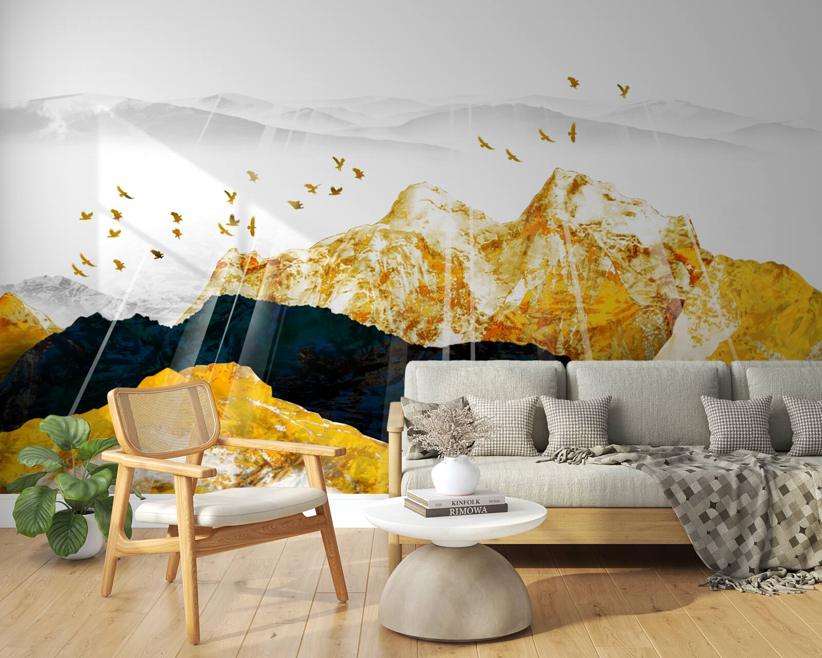 Fototapet imagini cu arbori de frasin în schimbare care luminează o pădure aurie