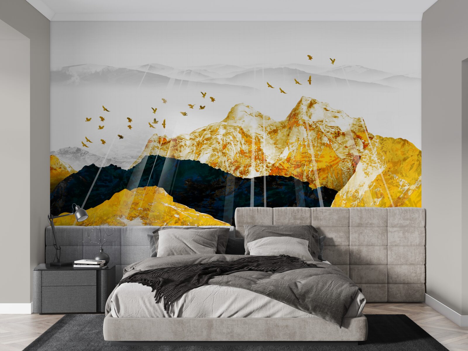 Fototapet imagini cu arbori de frasin în schimbare care luminează o pădure aurie