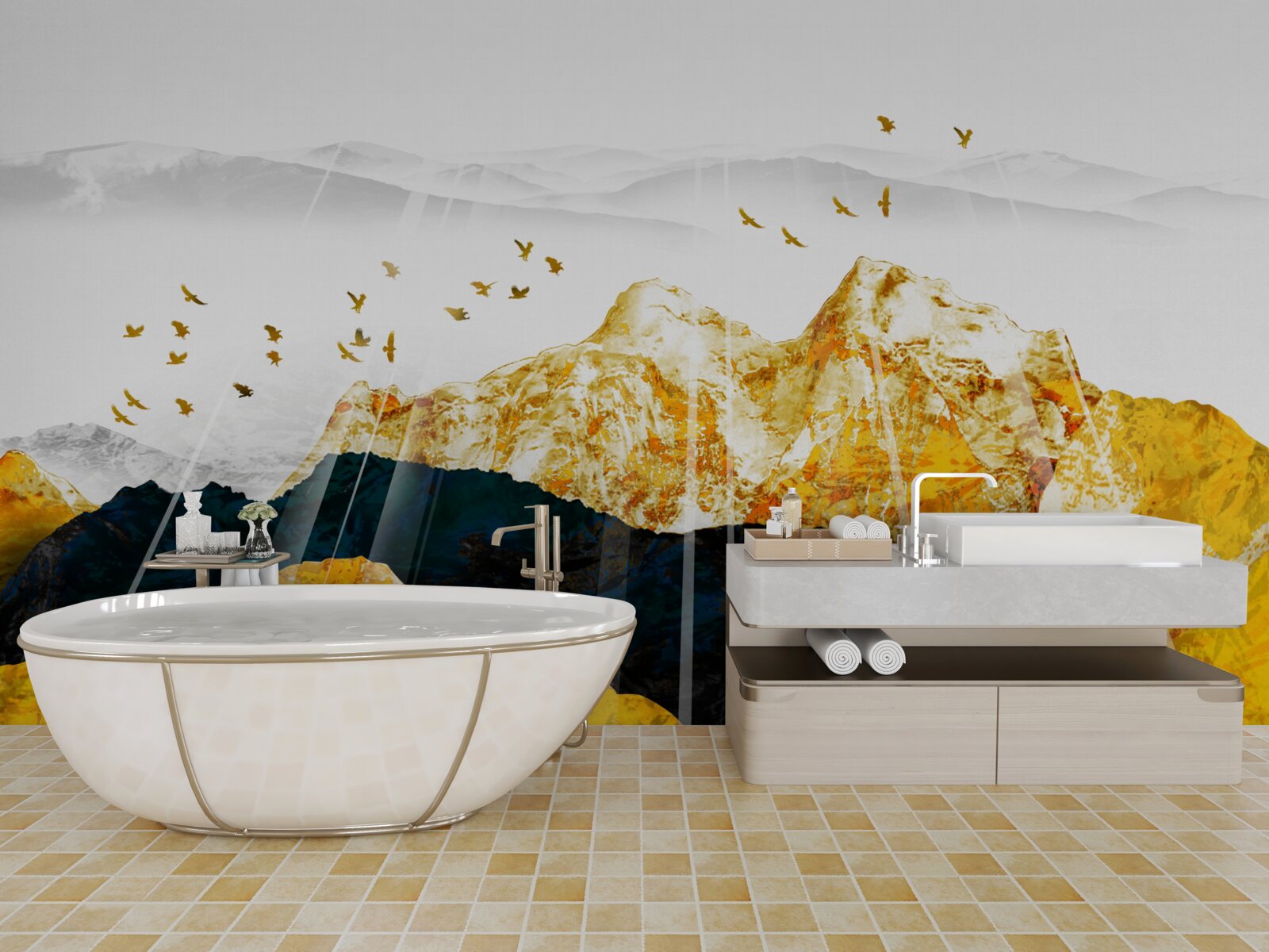 Fototapet imagini cu arbori de frasin în schimbare care luminează o pădure aurie