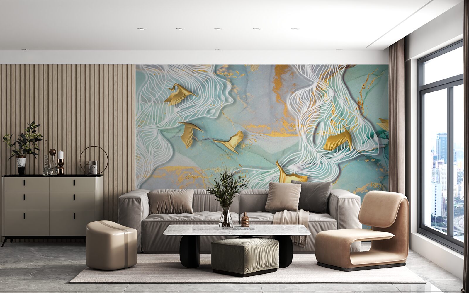 Fototapet păsări aurii se înalță pe cer