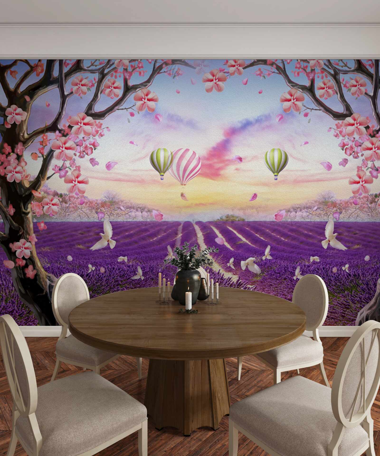 Fototapet baloane plutind deasupra câmpurilor de lavandă