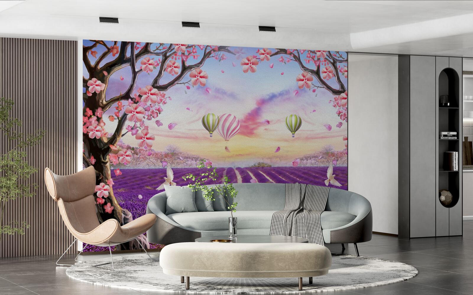 Fototapet baloane plutind deasupra câmpurilor de lavandă