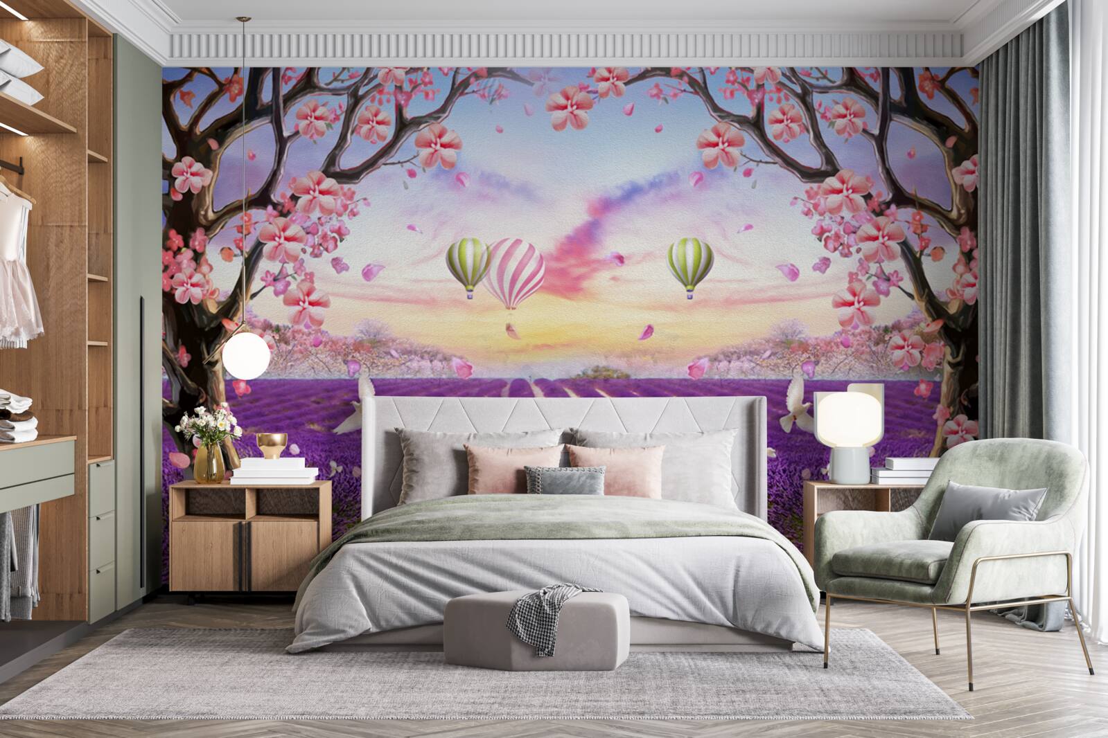 Fototapet baloane plutind deasupra câmpurilor de lavandă