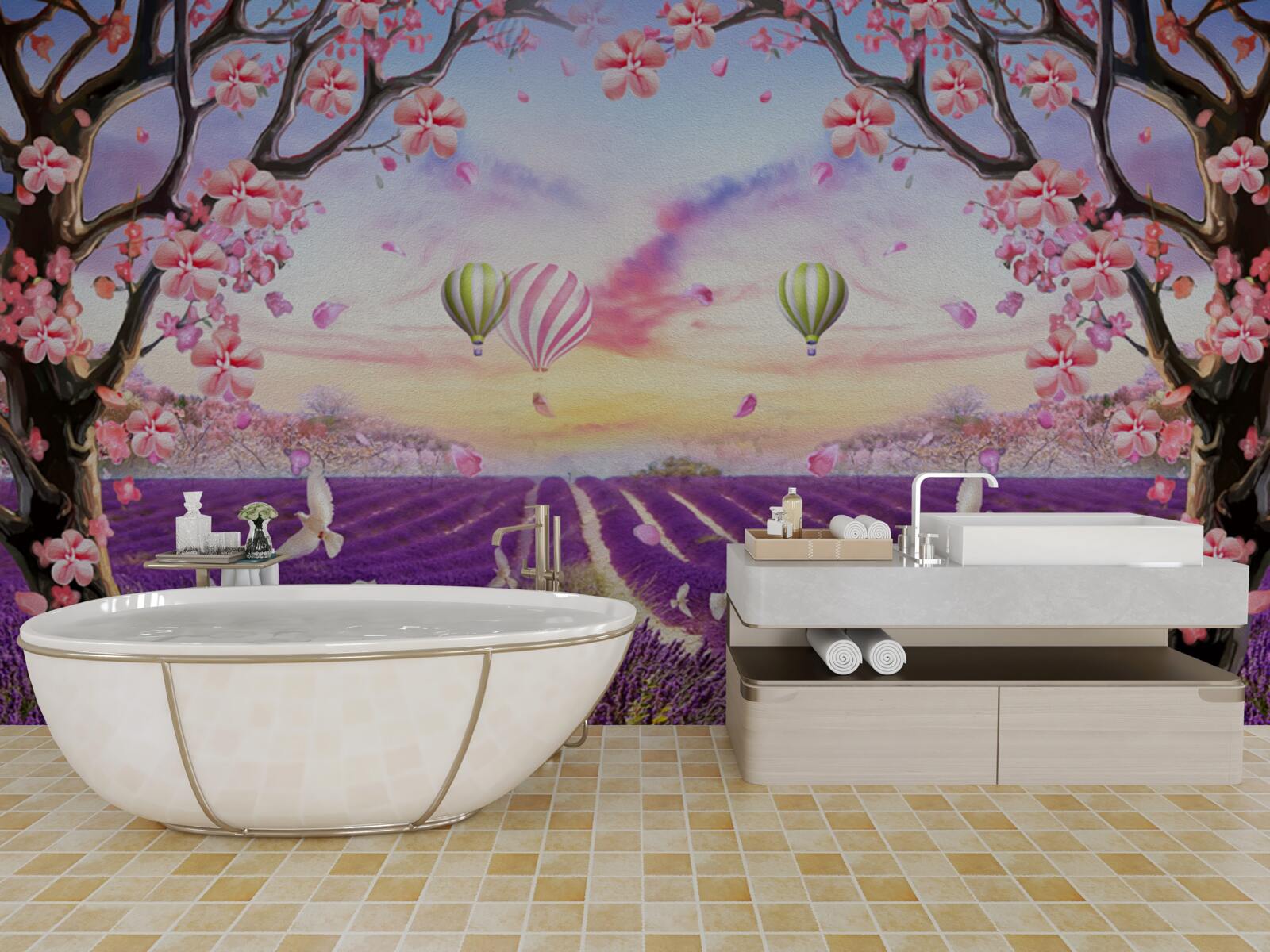 Fototapet baloane plutind deasupra câmpurilor de lavandă