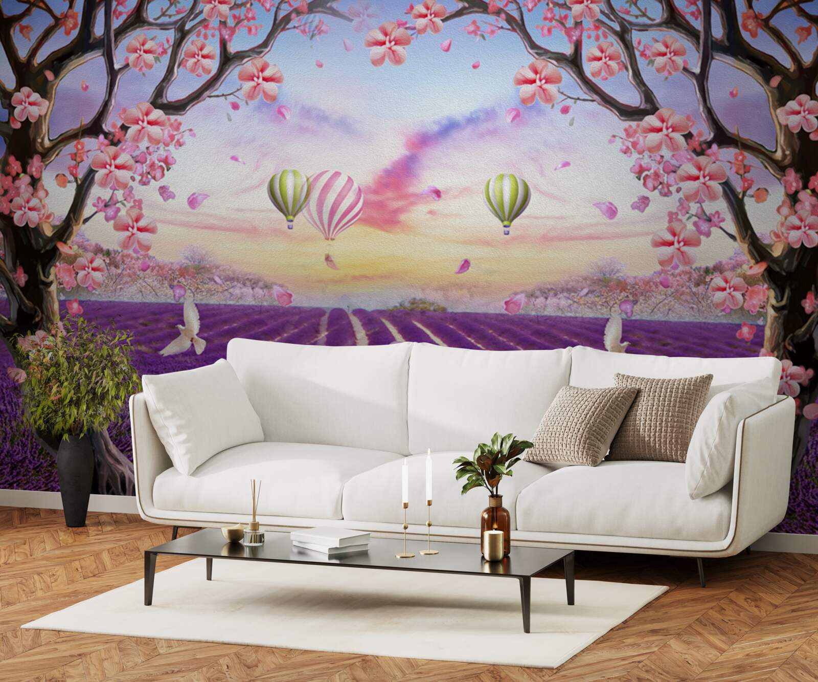 Fototapet baloane plutind deasupra câmpurilor de lavandă