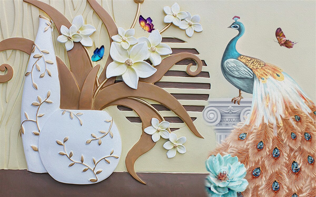 Fototapet lux floral și un păun cu o coadă magnifică