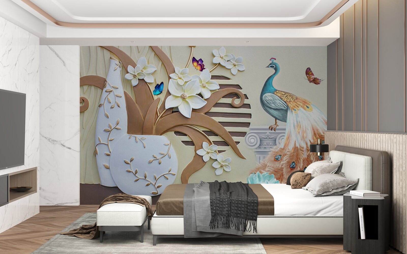 Fototapet lux floral și un păun cu o coadă magnifică