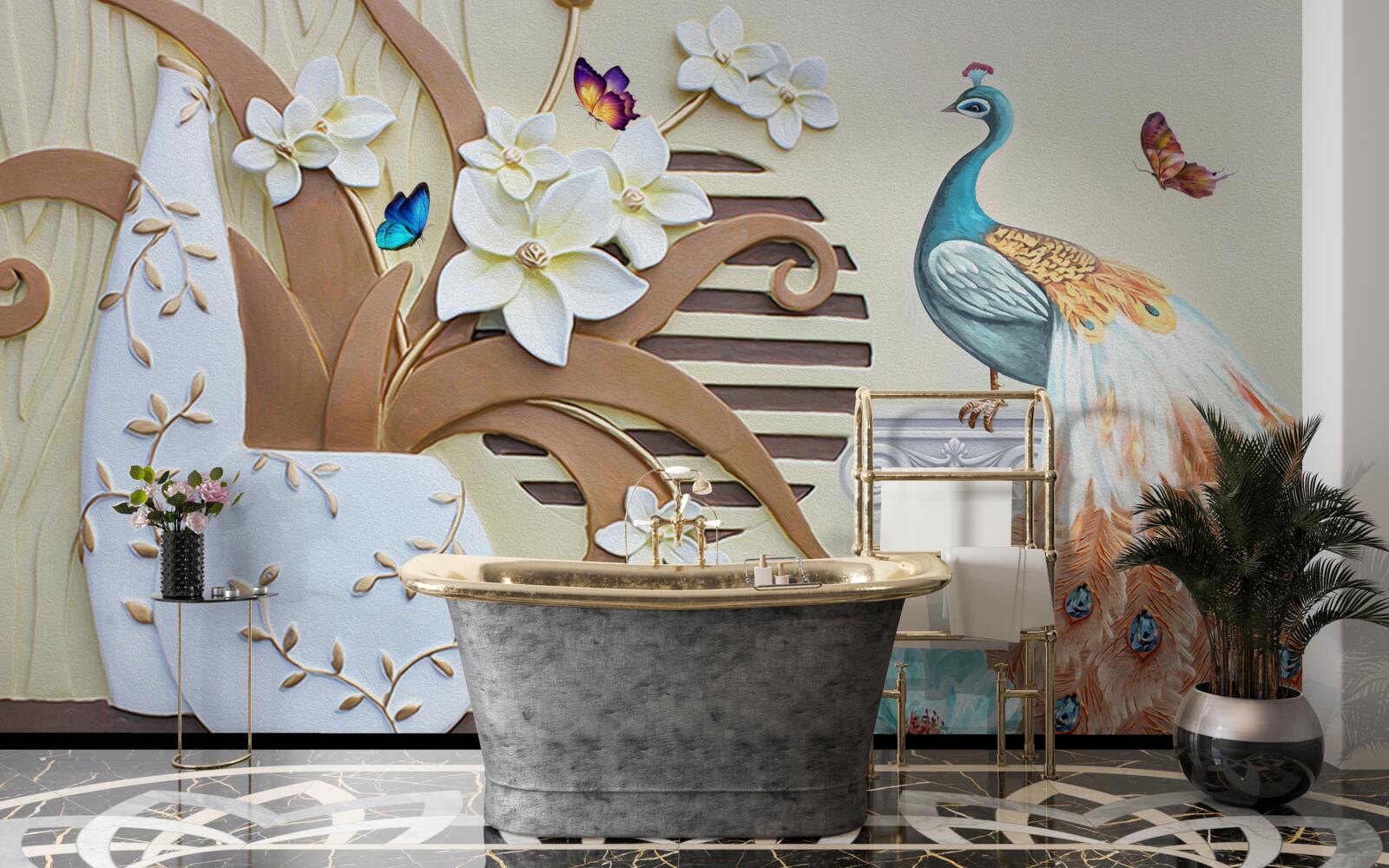Fototapet lux floral și un păun cu o coadă magnifică
