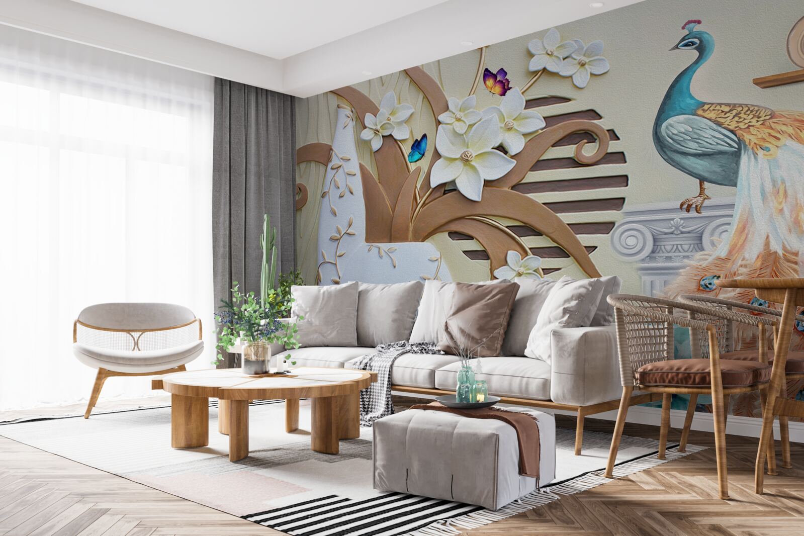 Fototapet lux floral și un păun cu o coadă magnifică