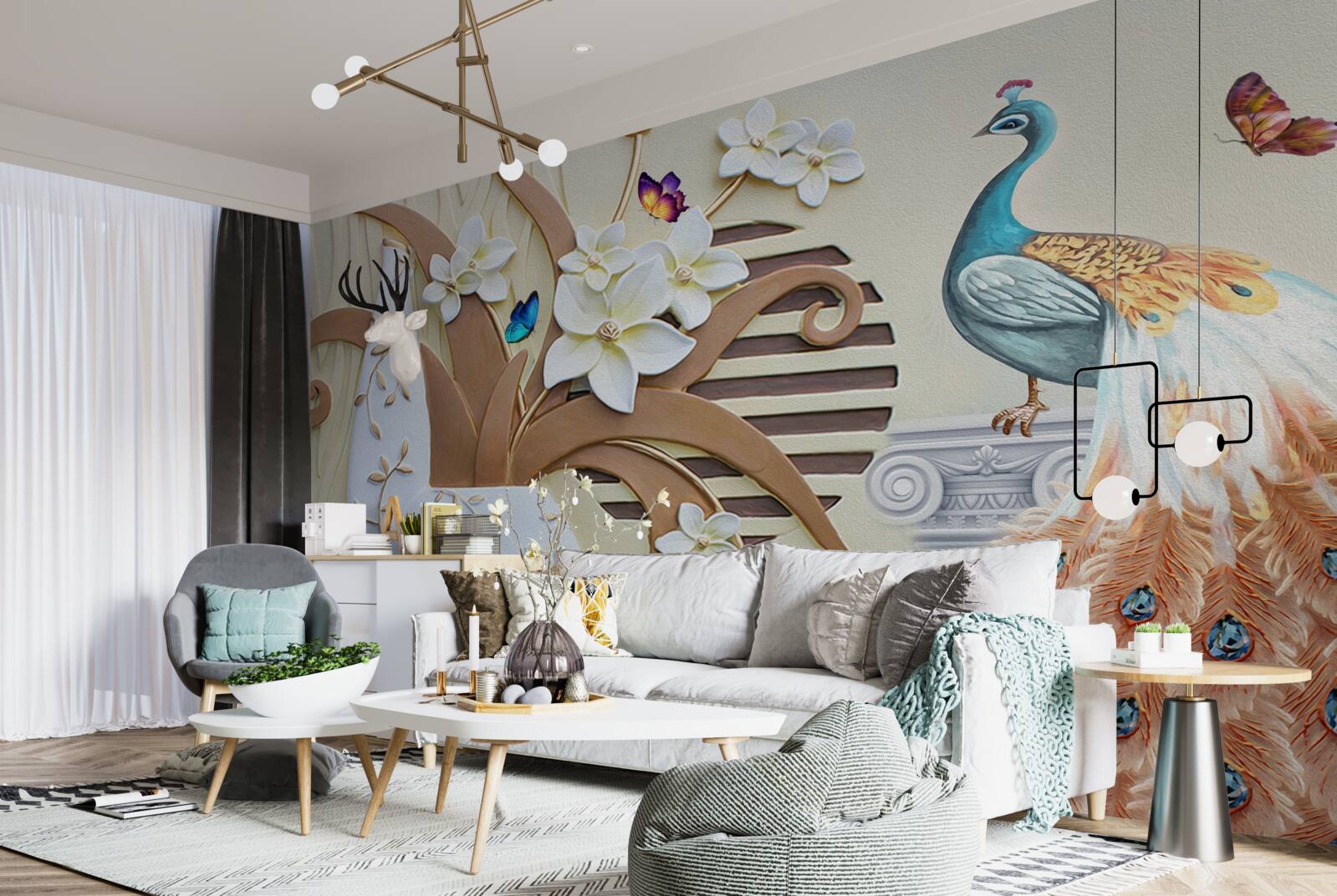 Fototapet lux floral și un păun cu o coadă magnifică