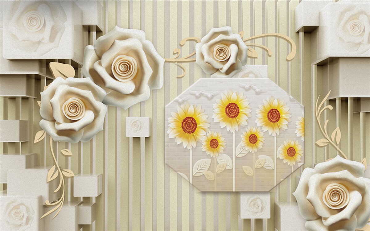 Fototapet trandafir auriu pal și floarea-soarelui