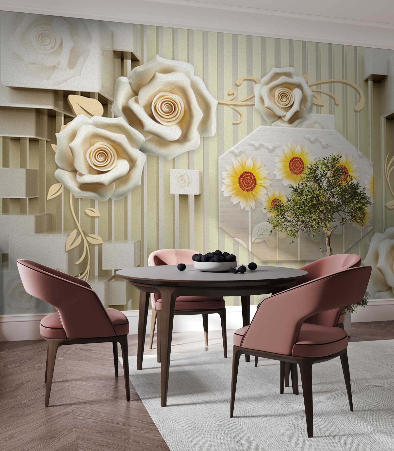 Fototapet trandafir auriu pal și floarea-soarelui