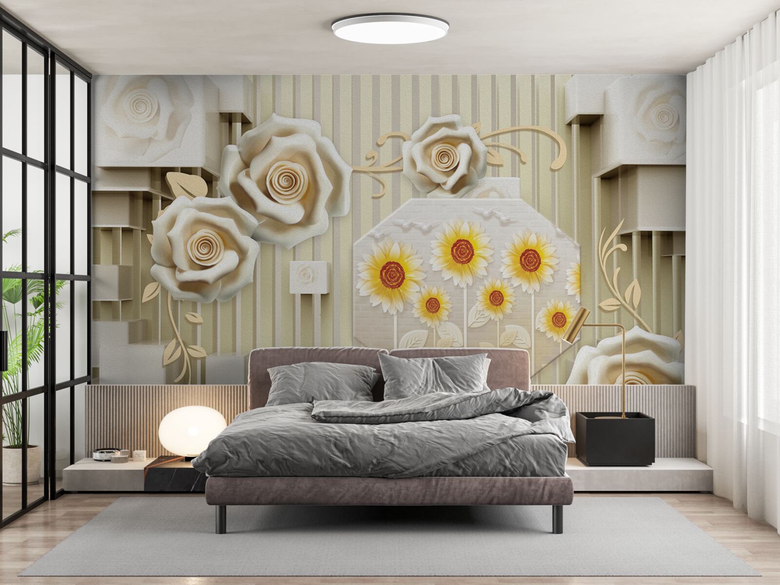 Fototapet trandafir auriu pal și floarea-soarelui